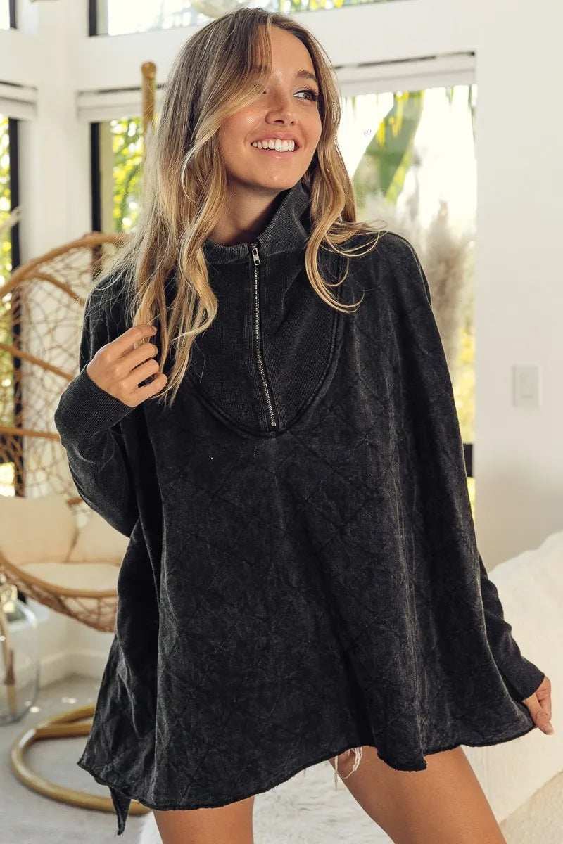 BiBi Vintage Washed Quilted Half Zip Top - Trendsi - Flyclothing LLC