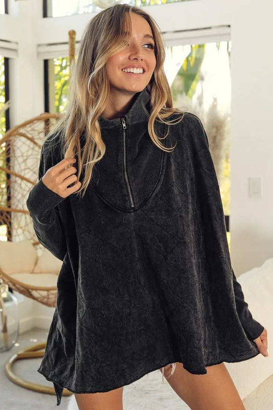 BiBi Vintage Washed Quilted Half Zip Top - Trendsi - Flyclothing LLC