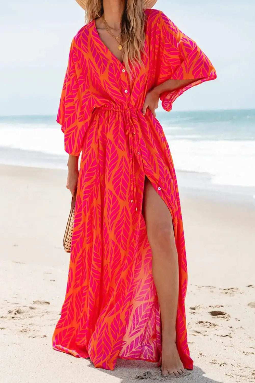 Drawstring Printed V-Neck Maxi Dress - Trendsi - Flyclothing LLC