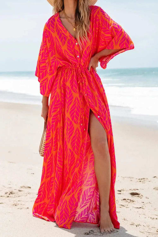 Drawstring Printed V-Neck Maxi Dress - Trendsi - Flyclothing LLC