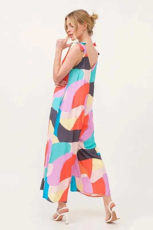 And The Why Tied Shoulder Straps Wide-Leg Geo Print Jumpsuit - Trendsi - Flyclothing LLC
