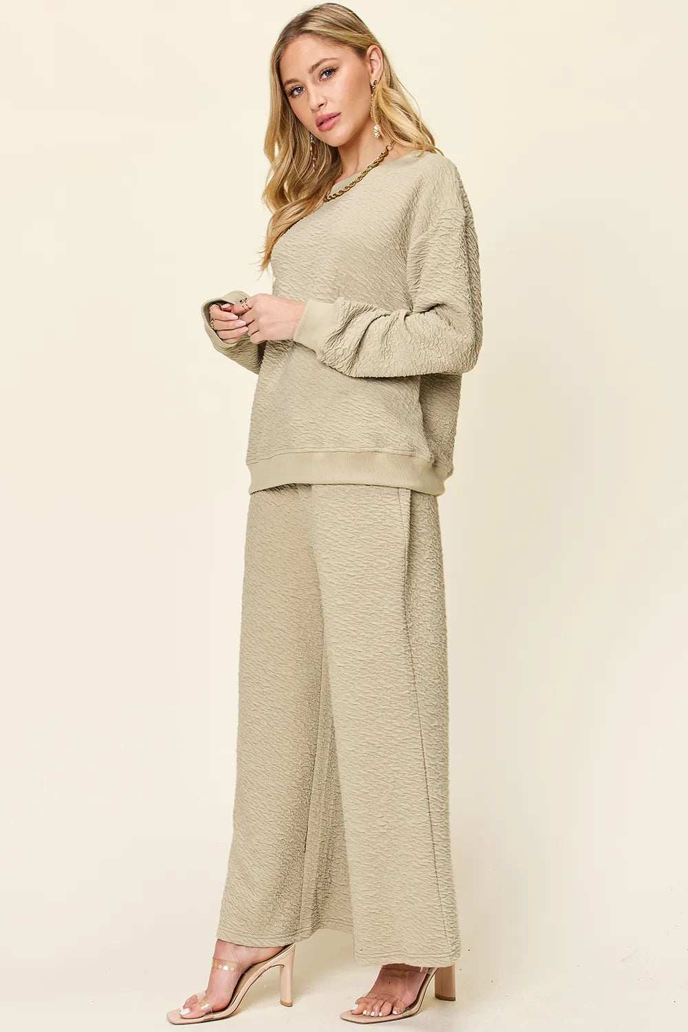 Double Take Full Size Texture Long Sleeve Top and Pants Set - Trendsi - Flyclothing LLC