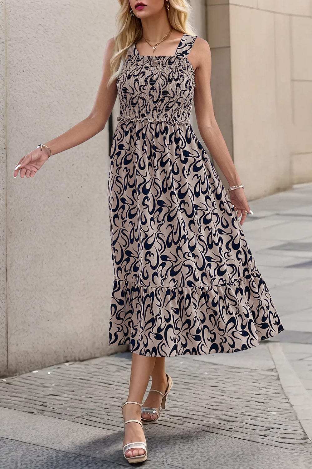 Smocked Printed Wide Strap Dress - Trendsi - Flyclothing LLC