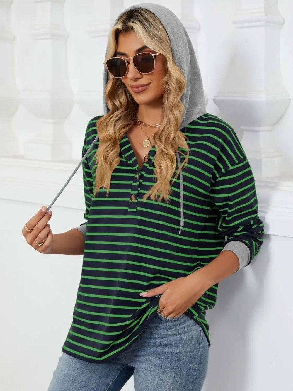 Drawstring Striped Long Sleeve Hoodie - Trendsi - Flyclothing LLC