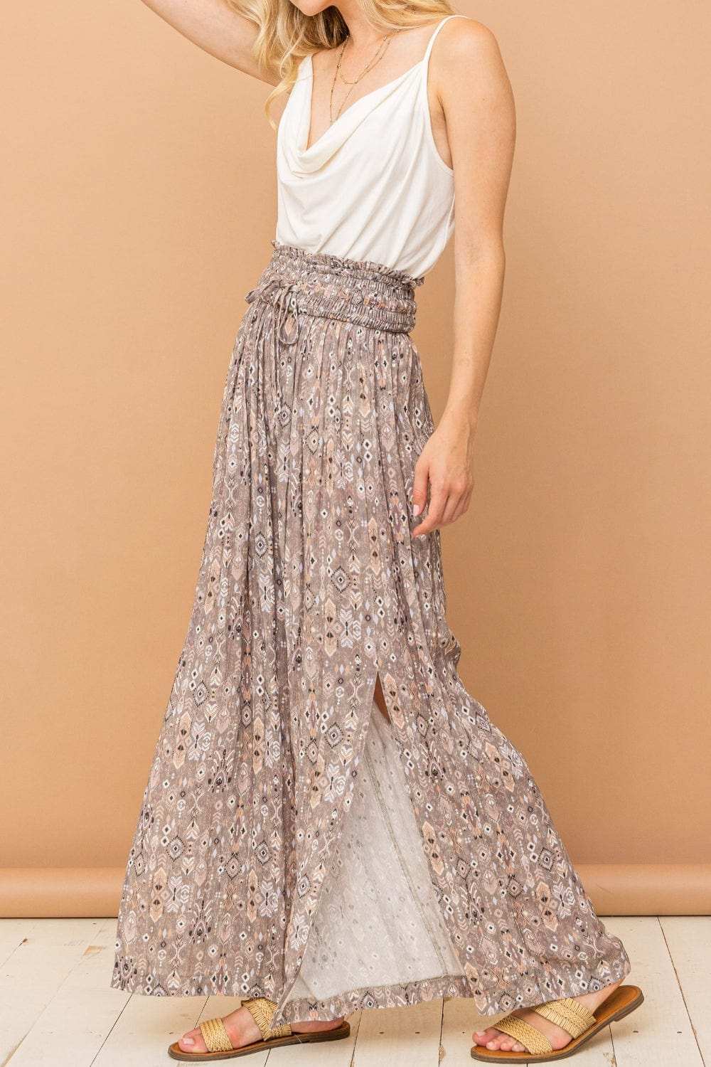 And The Why Printed Smocked Waist Slit Wide Leg Pants - Trendsi - Flyclothing LLC