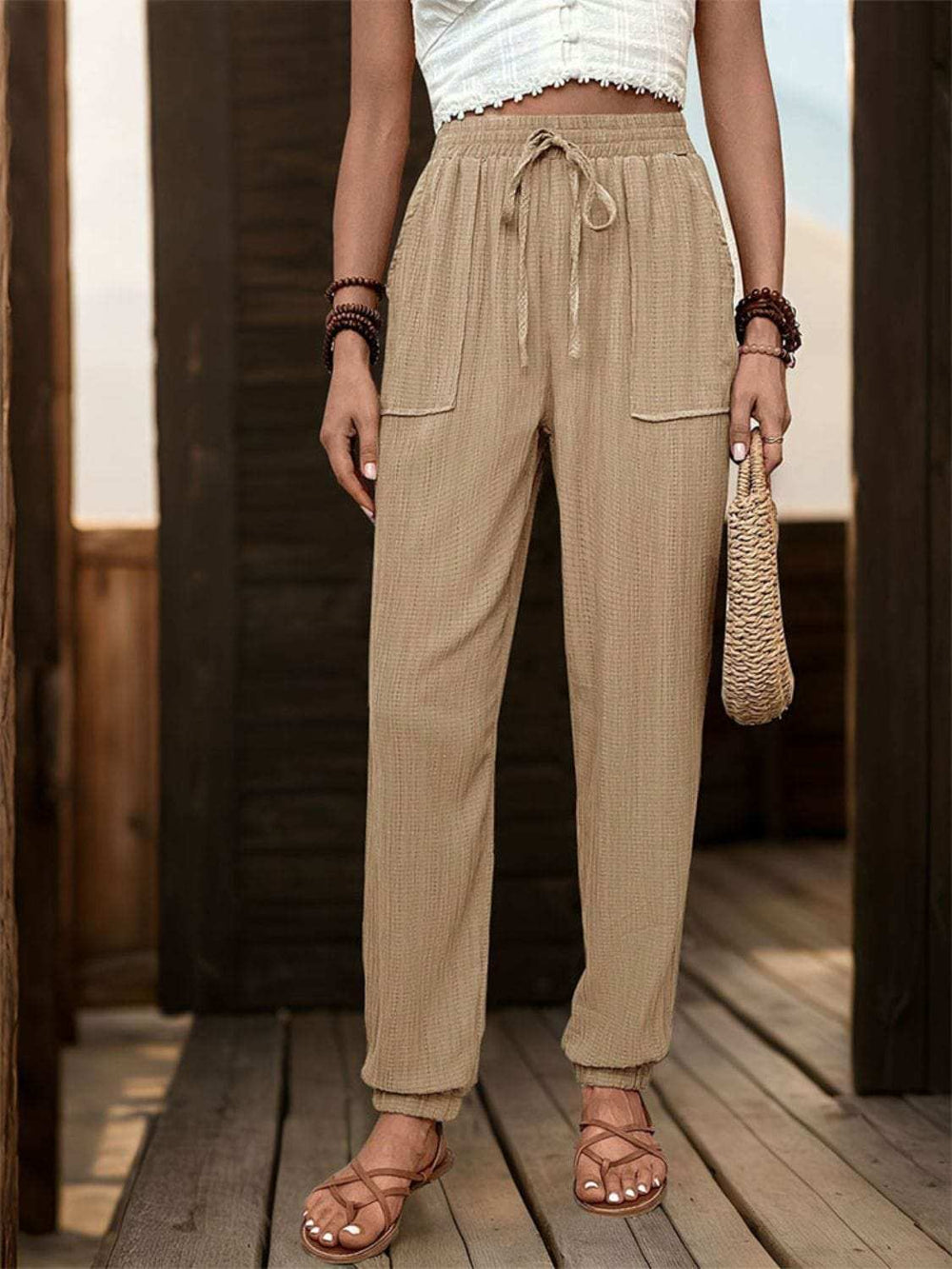 Textured High Waist Joggers - Trendsi - Flyclothing LLC