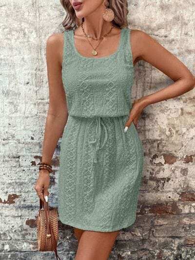 Eyelet Drawstring Round Neck Sleeveless Dress - Trendsi - Flyclothing LLC