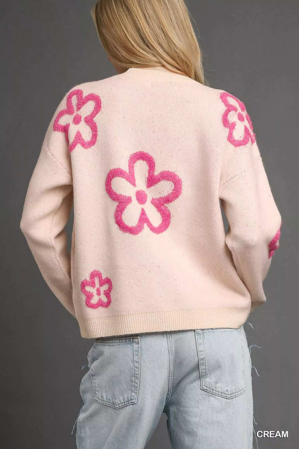 Umgee Round Neck Sweater with Pink Floral Accents - Trendsi - Flyclothing LLC