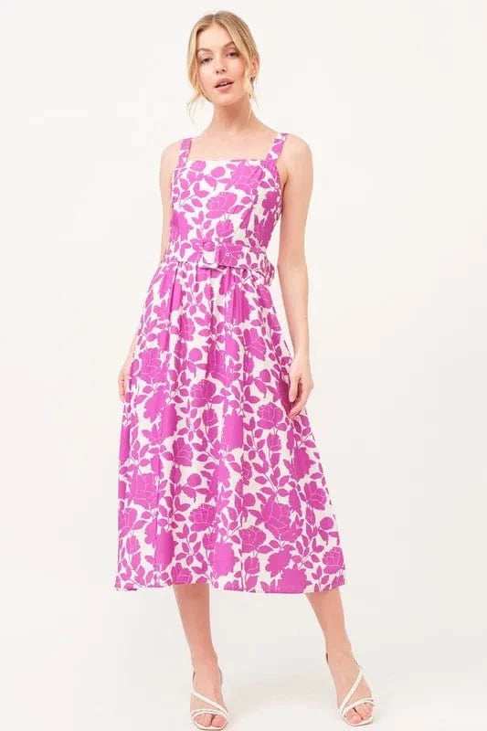 And The Why Square Neck Belted Floral Printed Midi Dress - Trendsi - Flyclothing LLC