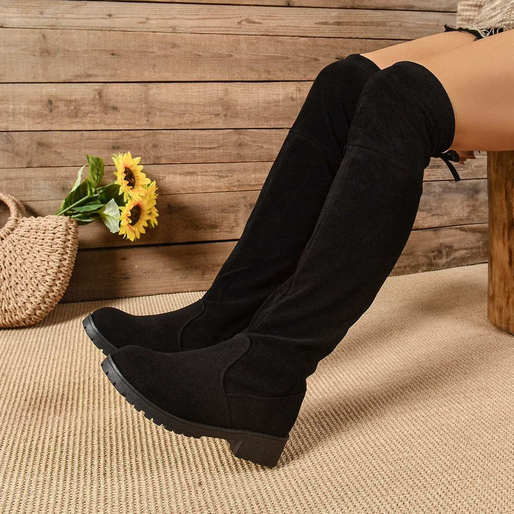 Round Toe Suede Low Heel Boots - Trendsi - Flyclothing LLC