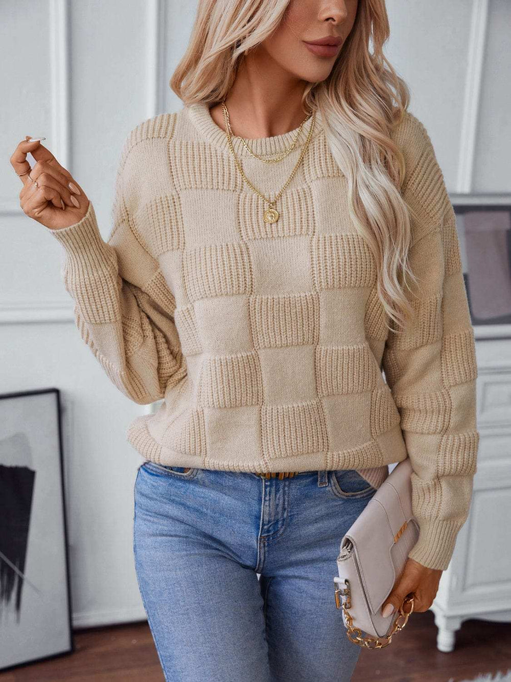 Checkered Round Neck Long Sleeve Sweater - Trendsi - Flyclothing LLC