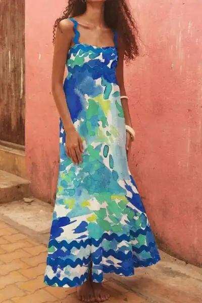 Printed Square Neck Wide Strap Dress - Trendsi - Flyclothing LLC