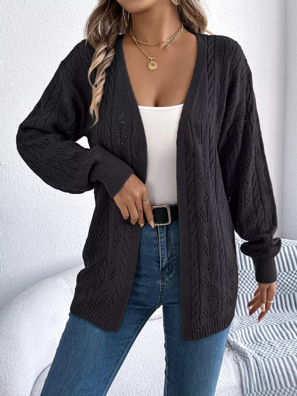 Openwork Open Front Long Sleeve Cardigan - Trendsi - Flyclothing LLC