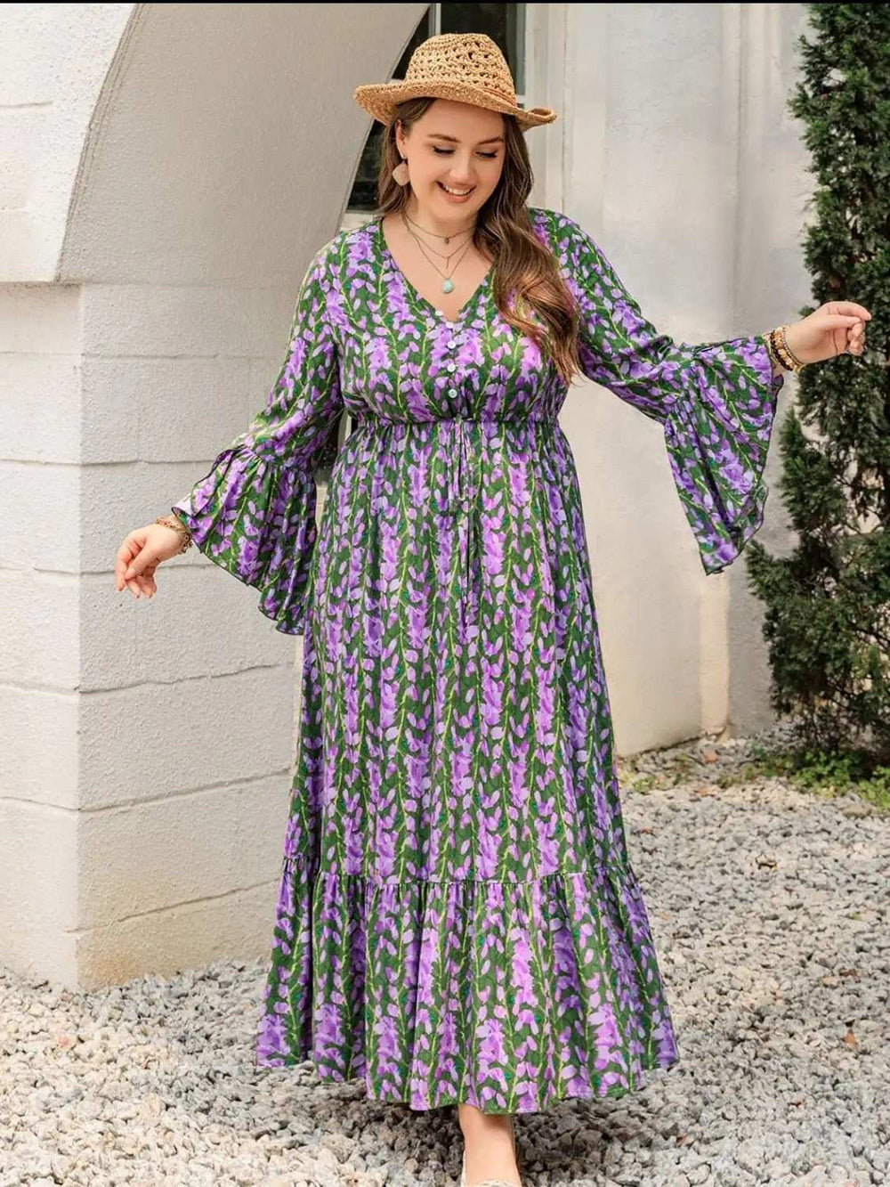 Plus Size Printed V-Neck Long Sleeve Maxi Dress - Trendsi - Flyclothing LLC