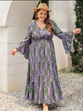 Plus Size Printed V-Neck Long Sleeve Maxi Dress - Trendsi - Flyclothing LLC