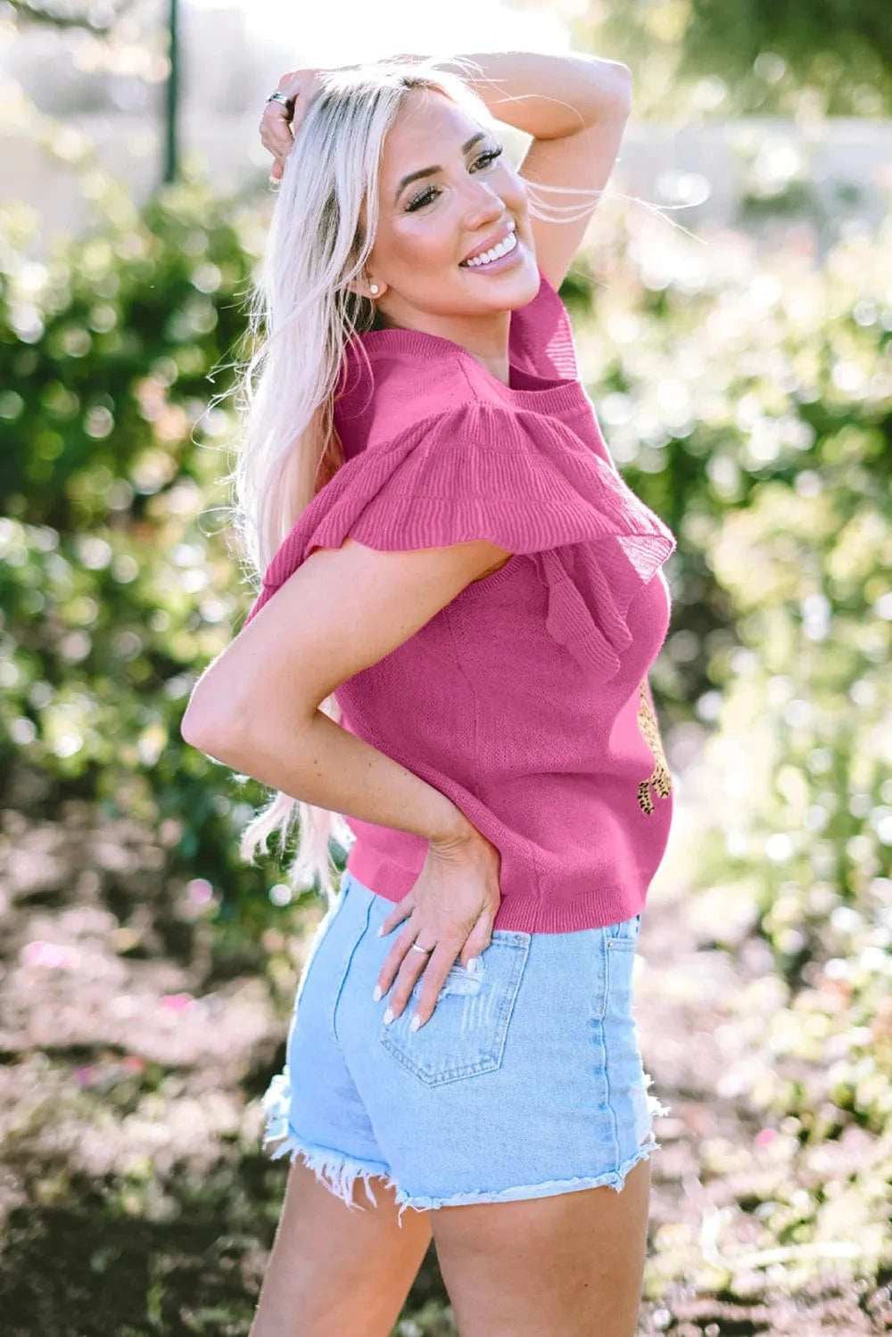 Ruffled Round Neck Cap Sleeve Sweater - Trendsi - Flyclothing LLC