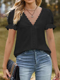 Lace Trim V-Neck Puff Sleeve Blouse - Trendsi - Flyclothing LLC