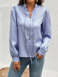 Striped Tie Neck Long Sleeve Blouse - Trendsi - Flyclothing LLC