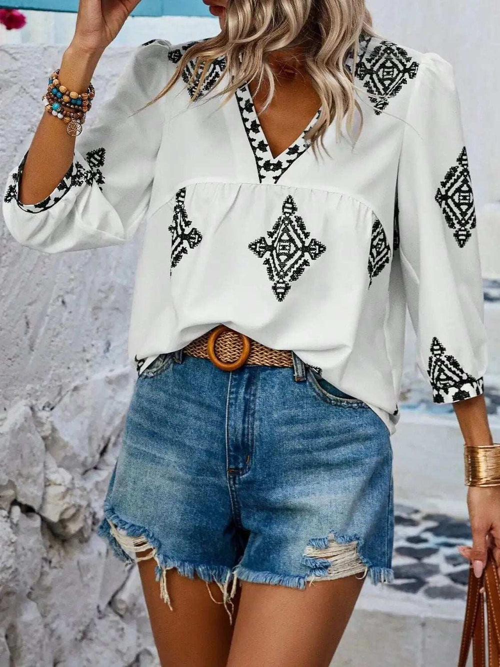 Printed V-Neck Three-Quarter Sleeve Blouse - Trendsi - Flyclothing LLC