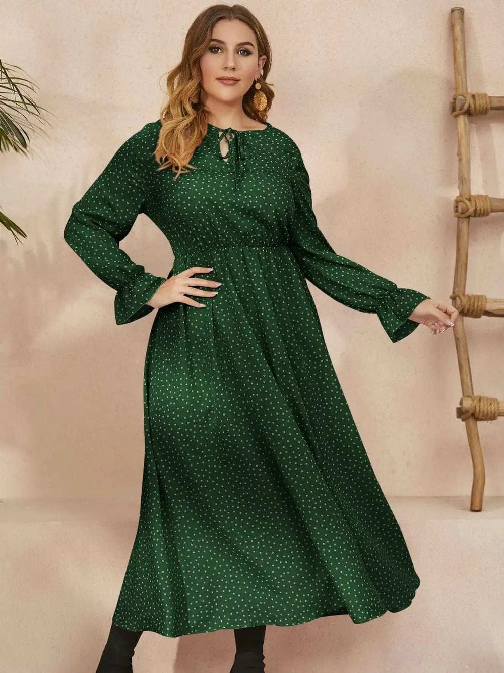 Plus Size Ruffled Polka Dot Long Sleeve Midi Dress - Trendsi - Flyclothing LLC