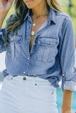 Pocketed Collared Neck Long Sleeve Denim Top - Trendsi - Flyclothing LLC