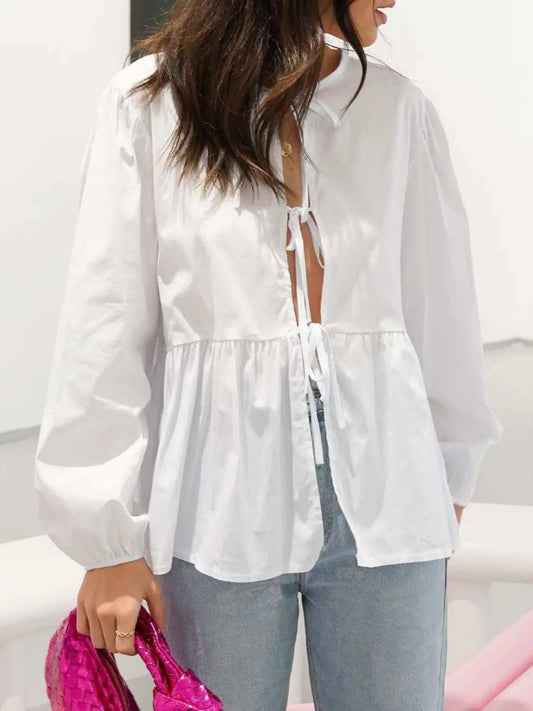 Tied Round Neck Long Sleeve Blouse - Trendsi - Flyclothing LLC