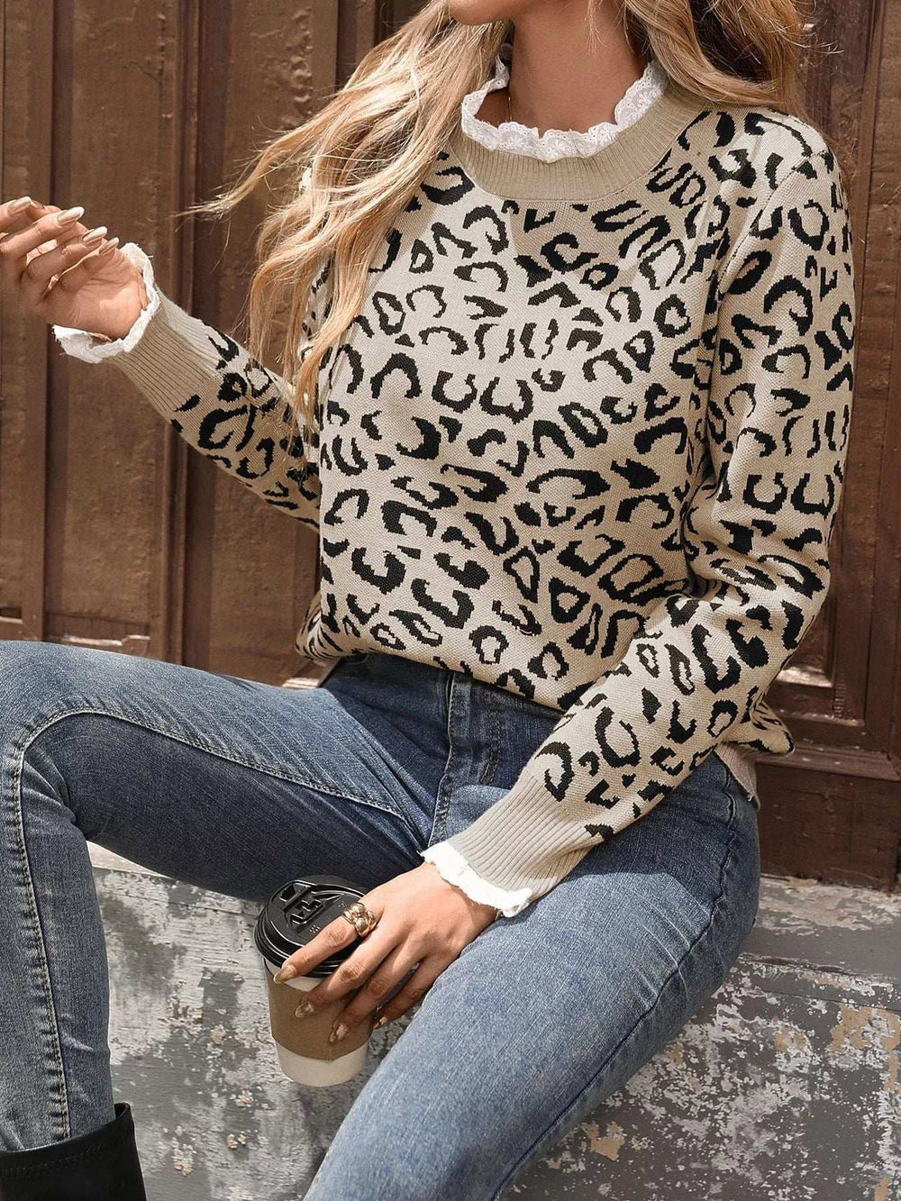 Frill Leopard Long Sleeve Sweater - Trendsi - Flyclothing LLC