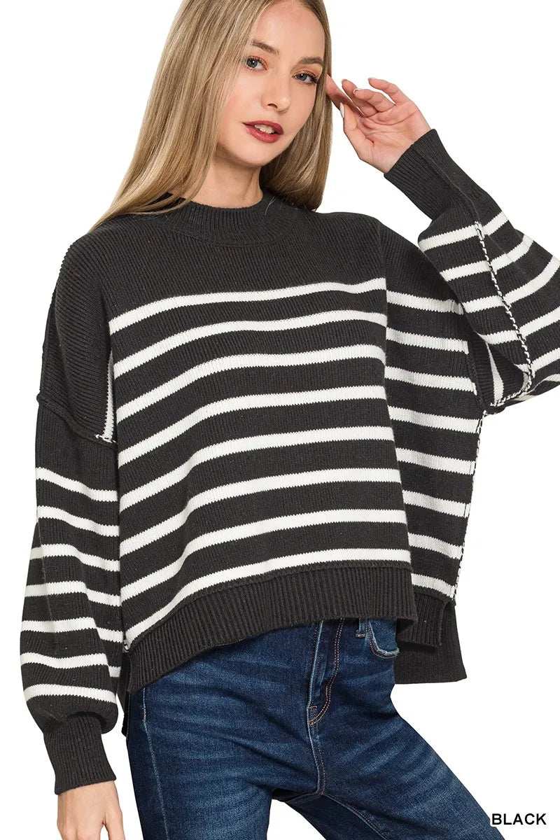 Zenana Exposed Seam Striped Oversized Sweater - Trendsi - Flyclothing LLC