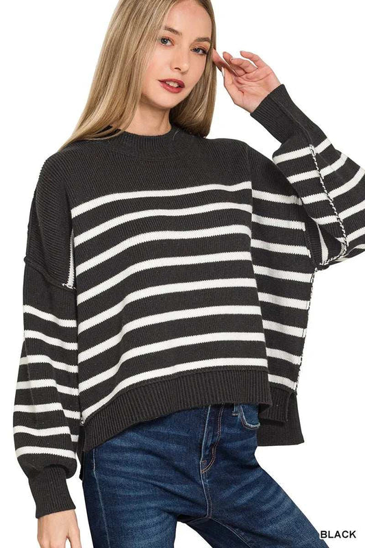 Zenana Exposed Seam Striped Oversized Sweater - Trendsi - Flyclothing LLC