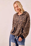 BiBi Leopard Print Waffle Half Zip Up Hoodie W Pocket - Trendsi - Flyclothing LLC
