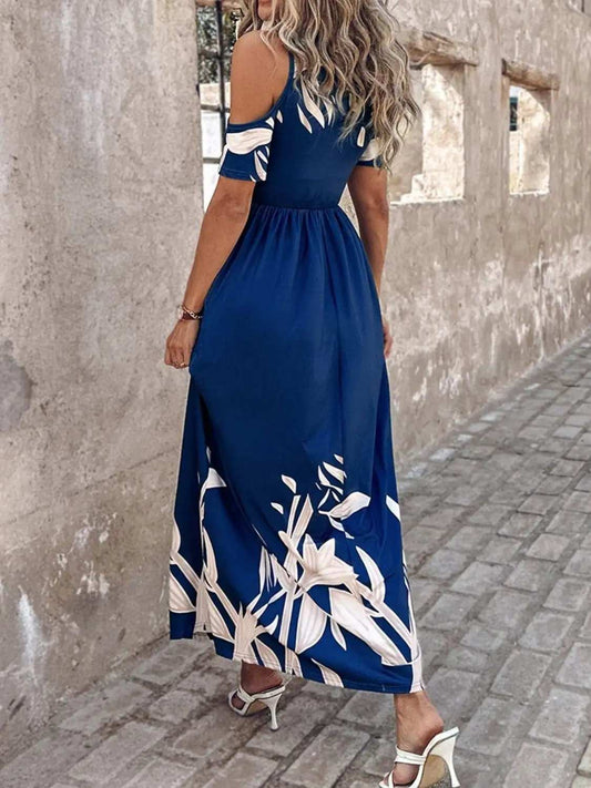 Printed Cold Shoulder Short Sleeve Maxi Dress - Trendsi - Flyclothing LLC
