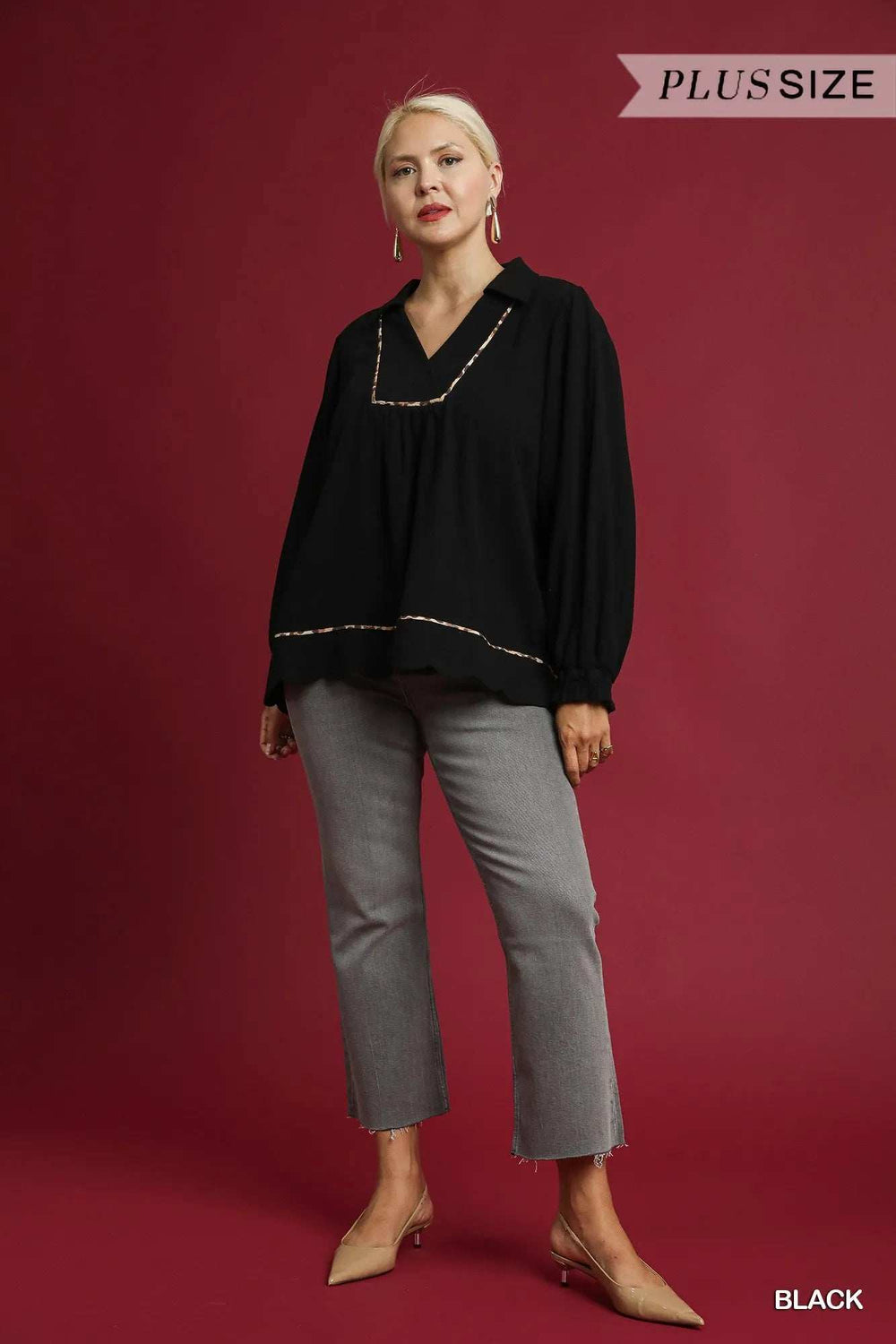 Umgee Full Size Linen Scallop Hem Blouse with Contrast Trim Plus Size - Trendsi - Flyclothing LLC