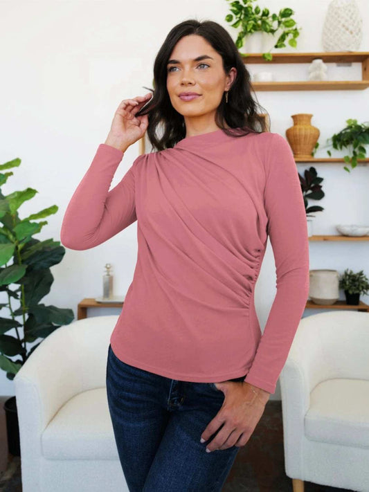 Ruched Mock Neck Long Sleeve T-Shirt - Trendsi - Flyclothing LLC
