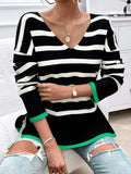 Striped V-Neck Long Sleeve Knit Top - Trendsi - Flyclothing LLC
