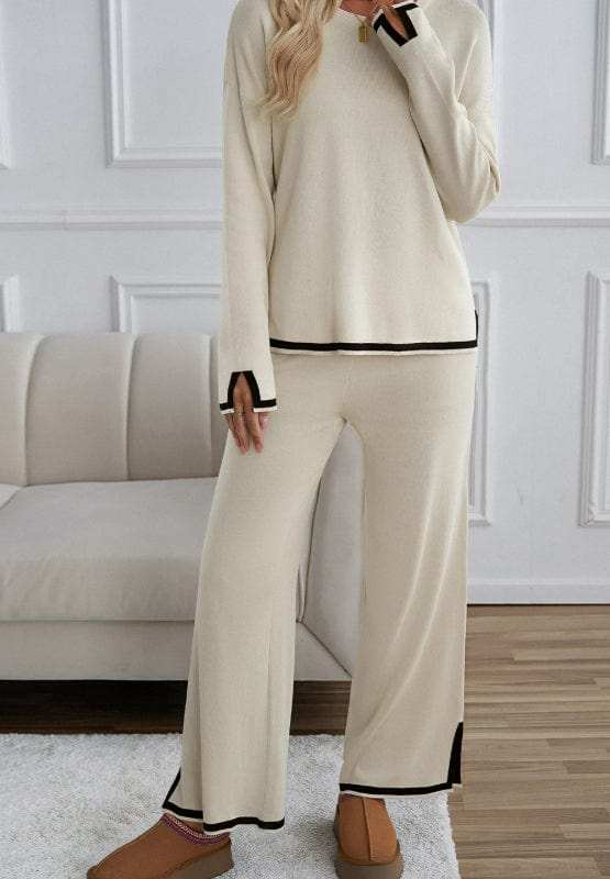 Contrast Trim Round Neck Top and Pants Sweater Set - Trendsi - Flyclothing LLC