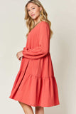 Double Take Full Size V-Neck Balloon Sleeve Tiered Dress - Trendsi - Flyclothing LLC