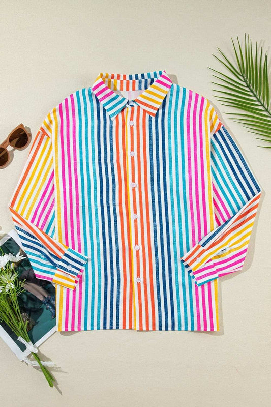 Striped Collared Neck Long Sleeve Shirt - Trendsi - Flyclothing LLC