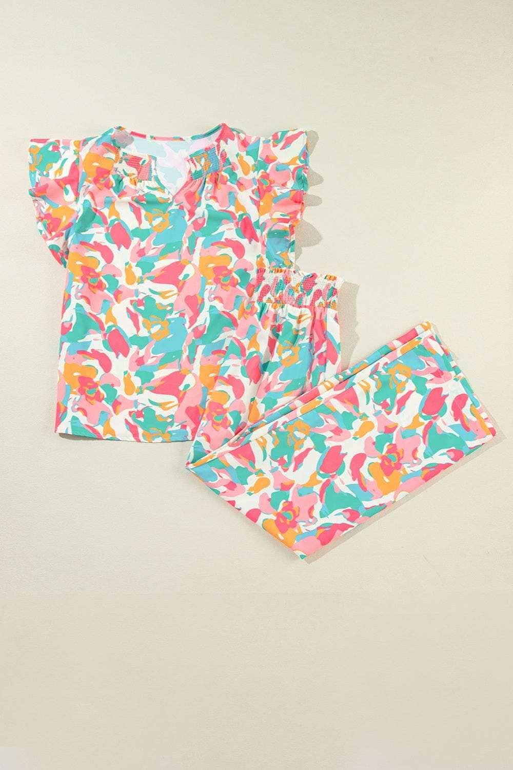 Printed Notched Cap Sleeve Top and Pants Set - Trendsi - Flyclothing LLC