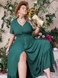 Plus Size Button Detail V-Neck Short Sleeve Maxi Dress - Trendsi - Flyclothing LLC