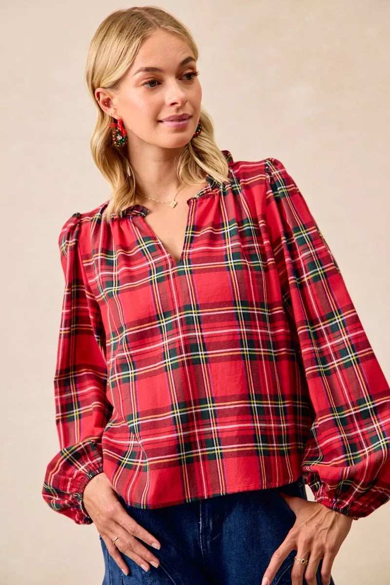 BiBi Christmas Plaid Balloon Sleeves Ruffled V-Neck Top - Trendsi - Flyclothing LLC