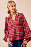 BiBi Christmas Plaid Balloon Sleeves Ruffled V-Neck Top - Trendsi - Flyclothing LLC