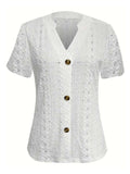 Openwork Notched Short Sleeve Top - Trendsi - Flyclothing LLC