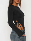 Tied Slit Round Neck Long Sleeve T-Shirt - Trendsi - Flyclothing LLC