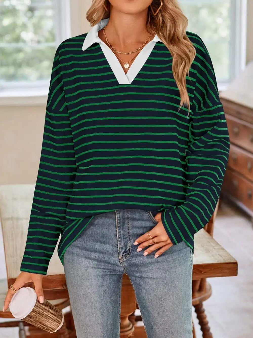 Striped Johnny Collar Long Sleeve T-Shirt - Trendsi - Flyclothing LLC