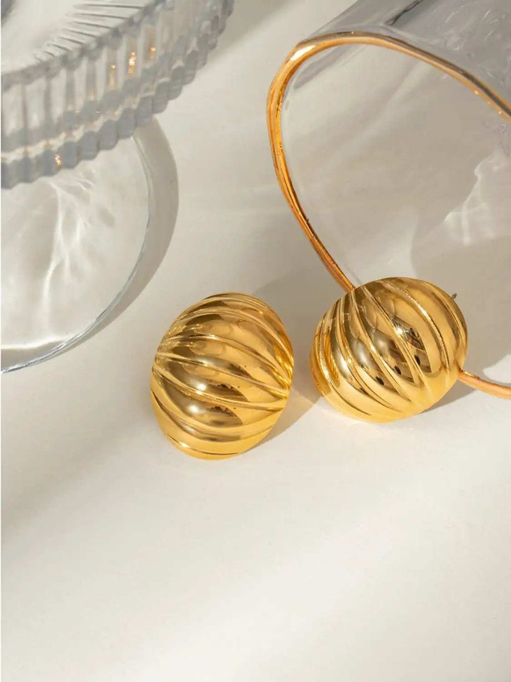 18K Gold-Plated Stainless Steel Ribbed Earrings - Trendsi - Flyclothing LLC