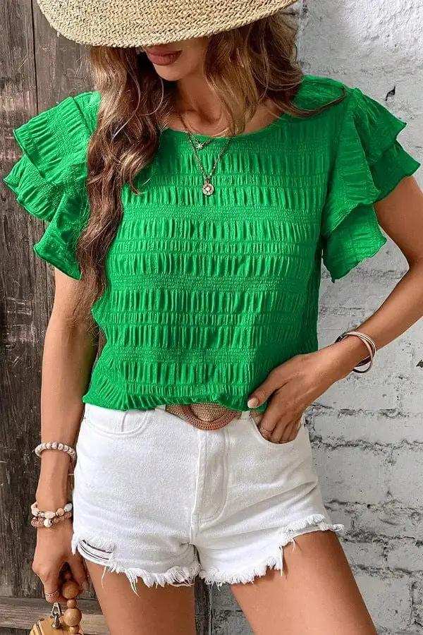 Textured Ruffled Sleeve Round Neck Top - Trendsi - Flyclothing LLC