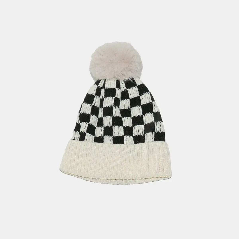 Checkered Knit Hat with Pompom - Trendsi - Flyclothing LLC