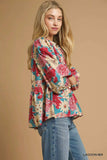 Umgee Mix Floral Peplum Blouse with Tie Neck - Trendsi - Flyclothing LLC