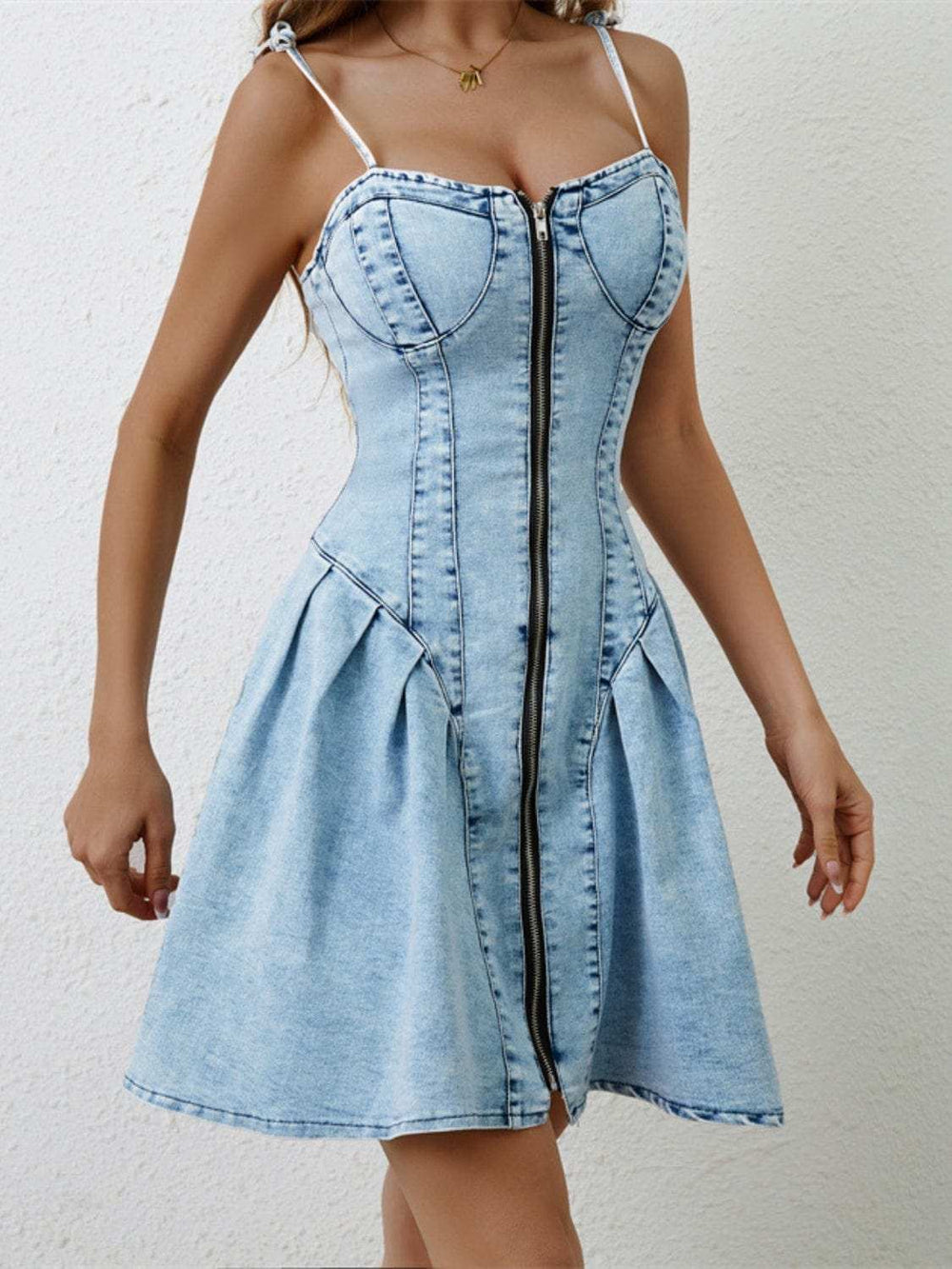 Ruched Zip Up Spaghetti Strap Denim Dress - Trendsi - Flyclothing LLC