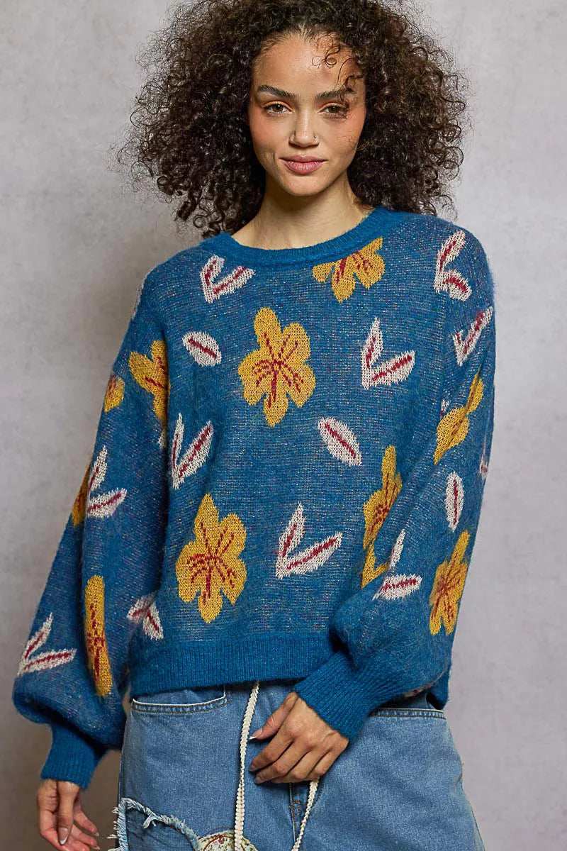 POL Floral Pattern Round Neck Balloon Sleeve Sweater - Trendsi - Flyclothing LLC